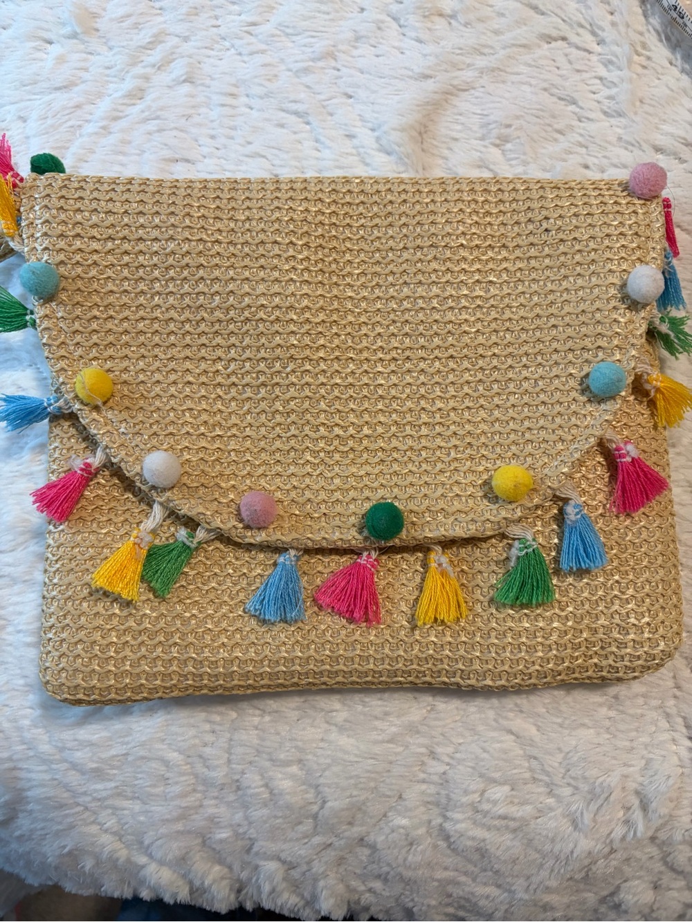 Boho Straw Clutch Colorful Tassels purse pompom detail fringes chic festival